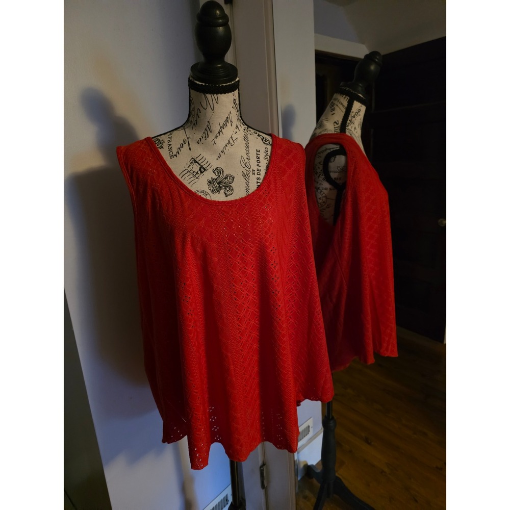 Ofeefan Red Eyelet Diamond Knit Sleeveless Scoop Neck Flowy Tank Top NWT 2XL